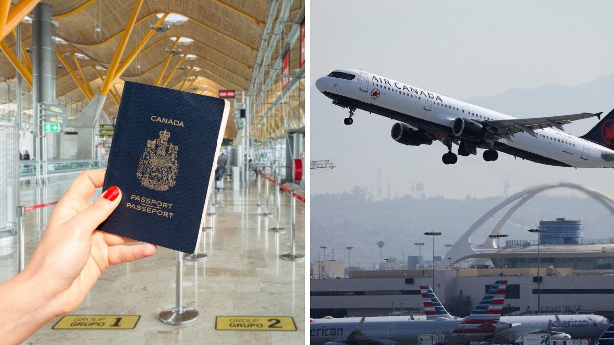 Une main qui tient un passeport canadien. Droite : un avion d'Air Canada qui décolle.