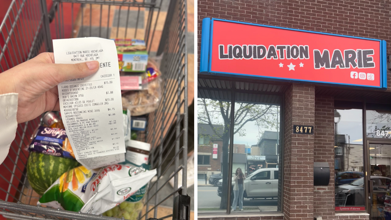 Une main tenant la facture à bas prix du Liquidation Marie devant un panier d'épicerie rempli. Droite : La façade de l'épicerie Liquidation Marie de Montréal.