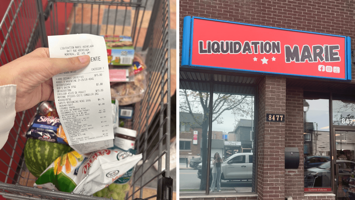 Une main tenant la facture à bas prix du Liquidation Marie devant un panier d'épicerie rempli. Droite : La façade de l'épicerie Liquidation Marie de Montréal.