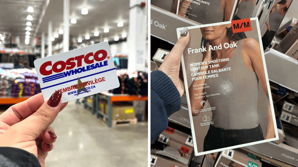 Une main tenant un carte de membre du Costco. Droite : Une main tenant le boite de camisoles galbantes pour femme de Frank And Oak.