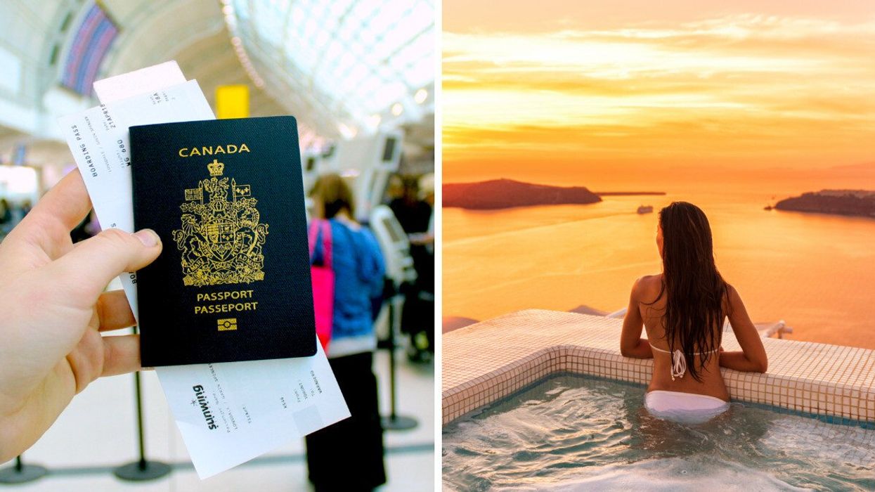 Une main tenant un passeport canadien et un billet dans un aéroport. Droite : Une personne de dos dans un jacuzzi au coucher du soleil à Santorini.
