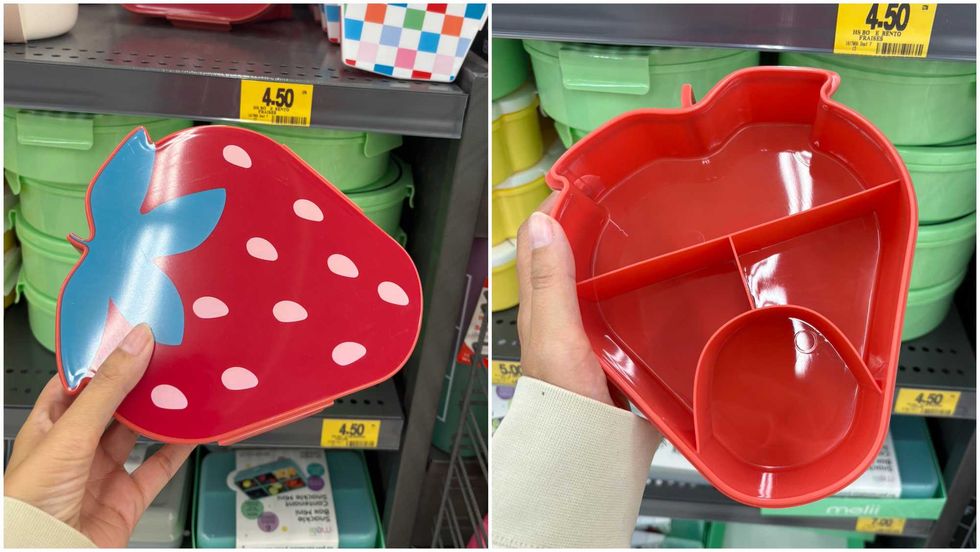 Une main tenant une bo\u00eete \u00e0 lunch de type bento en forme de fraise. Droite : L'int\u00e9rieur de la bo\u00eete \u00e0 lunch.