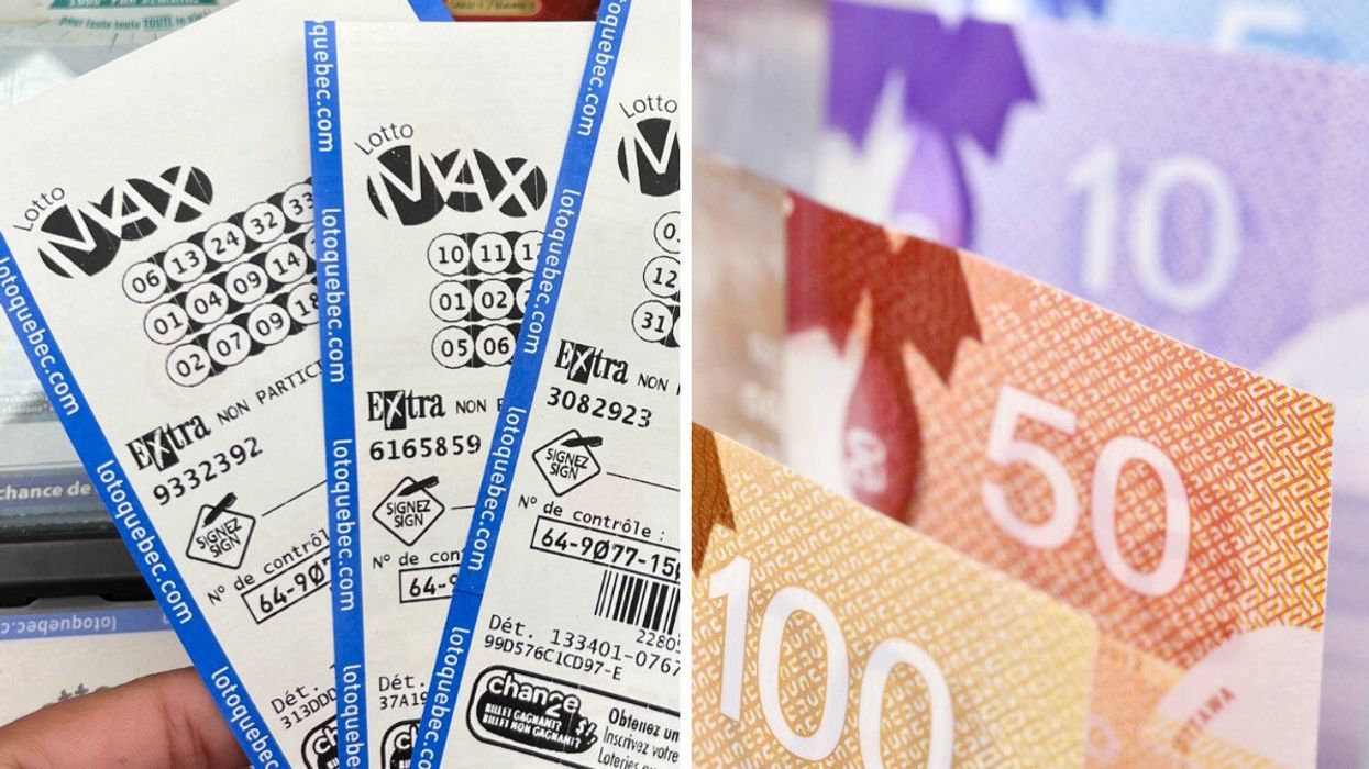 Une main tient 3 billets de Lotto Max. Droite : des billets de 100 $, 50 $, 10 $ et 5 $ sont placés en rang à la verticale.