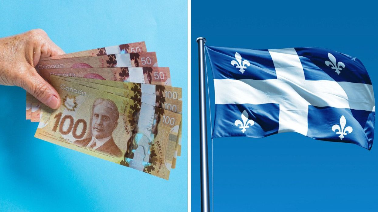 Une main tient des billets de 50 $ et 100 $. Droite : un drapeau du Québec.