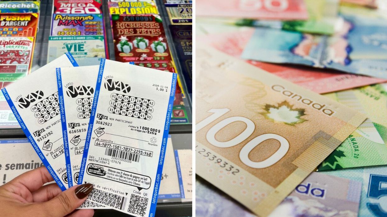 Une main tient des billets de Lotto Max. Droite : des billets d'argent éparpillés sur une surface plane.