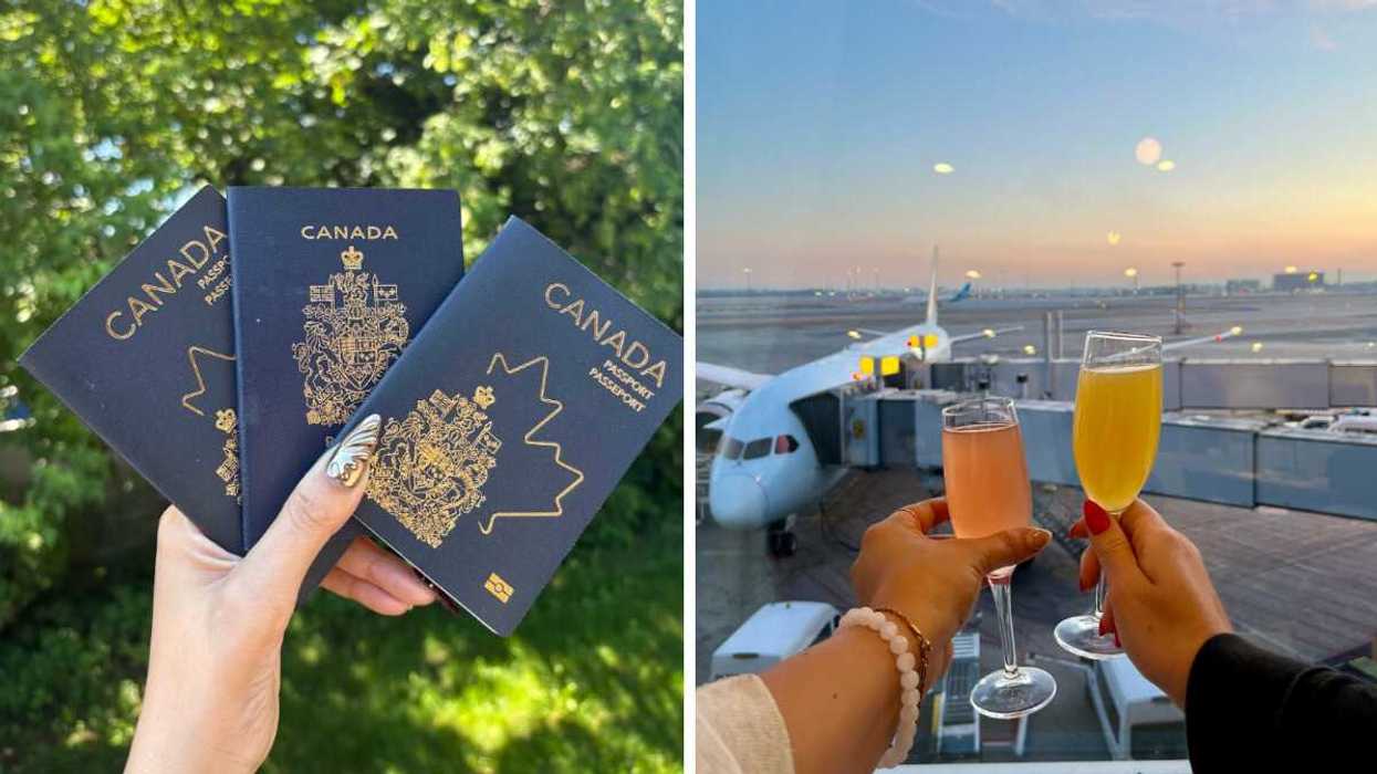 Une main tient trois passeports canadiens. Droite : Des mains tiennent des verres devant un avion.