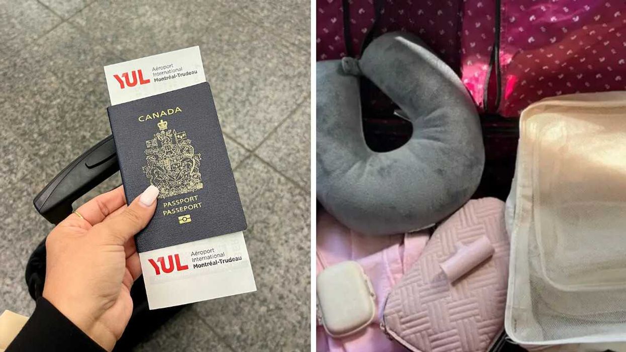 Une. main tient un passeport canadien à YUL. Droite : des bagages pour un voyage.