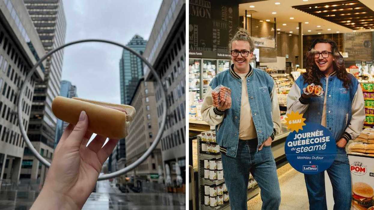 Une main tient un steamé devant l’Anneau de Montréal. À droite : Mathieu Dufour avec une découpe en carton de lui-même en train de magasiner des hot-dogs Lafleur.