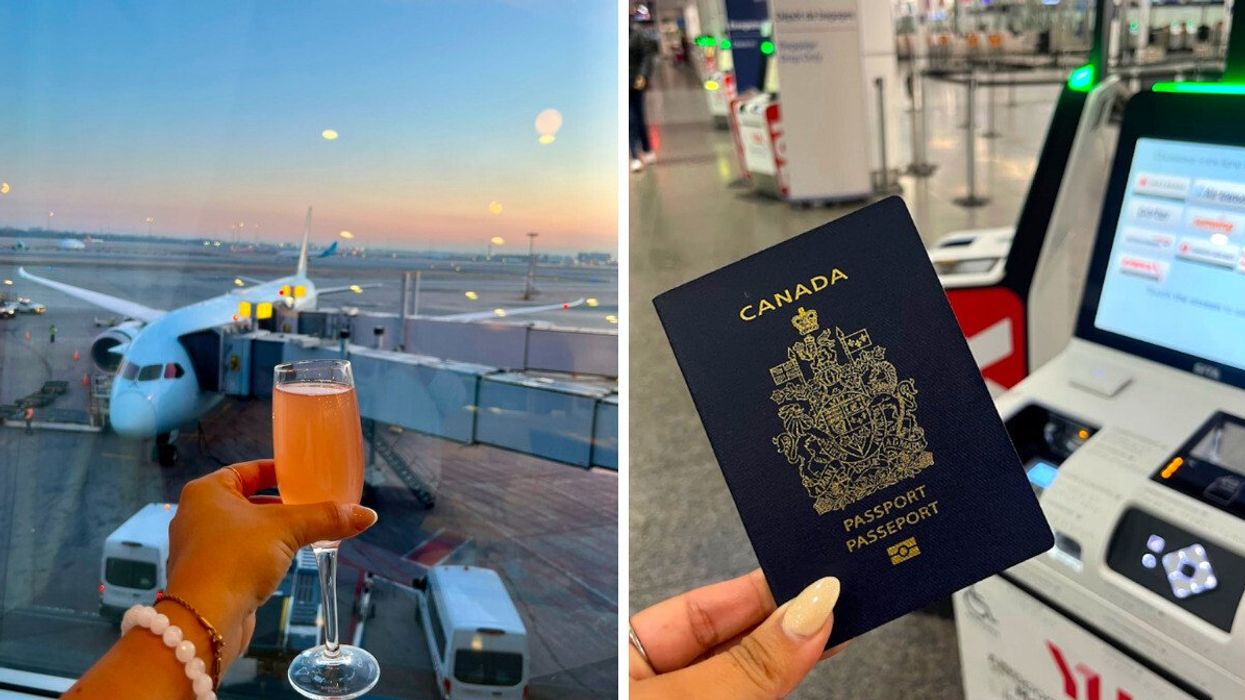 Une main tient un verre de mimosa au pamplemousse devant un avion. Droite : Une main tient un passeport canadien.