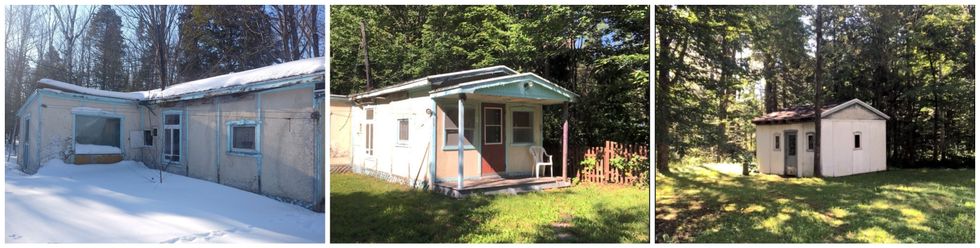 Une maison blanche et turquoise en d\u00e9cr\u00e9pitude. Centre : La fa\u00e7ade d'une maison avec une chaise. Droite : Un cabanon blanc entre les arbres.