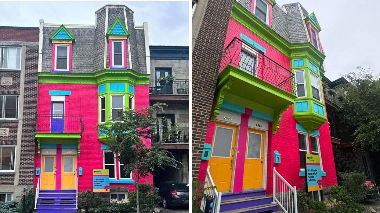 Une maison centenaire peinte en rose, mauve, jaune, bleu, vert et jaune. Droite: la même maison centenaire peinte en rose, mauve, jaune, bleu, vert et jaune.