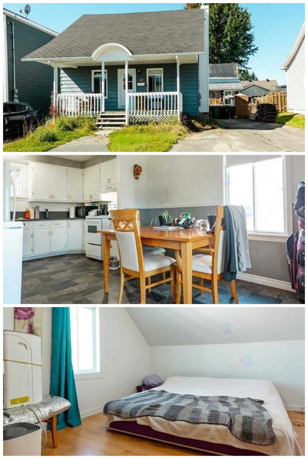 Une maison. Centre : une cuisine. Bas : une chambre \u00e0 coucher.