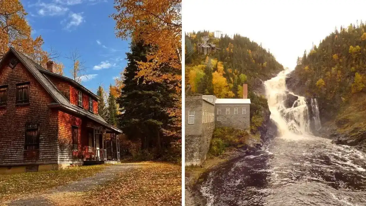 Une maison du Village historique de Val-Jalbert. Droite : Une chute.