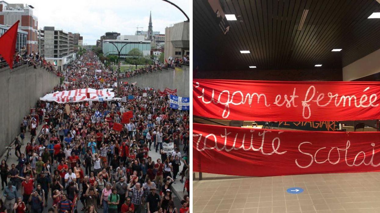 Une manifestation étudiante en 2012. Droite : Une banderole déployée à l'UQAM.