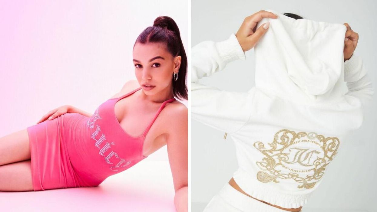 Une mannequin portant une robe Juicy Couture rose de la collection de Juicy Couture au Garage couchée sur le côté. Droite : Vue de dos d'un cardigan blanc avec le symbole doré de Juicy Couture.