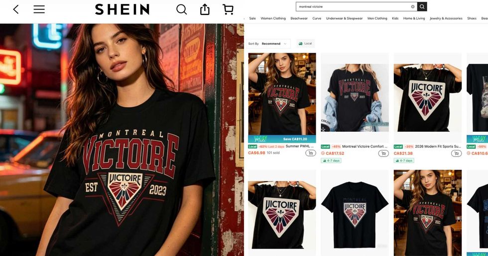 Une mod\u00e8le de Shein g\u00e9n\u00e9r\u00e9e par l'intelligence artificielle. Droite : les produits plagi\u00e9s sur le site Web de Shein.
