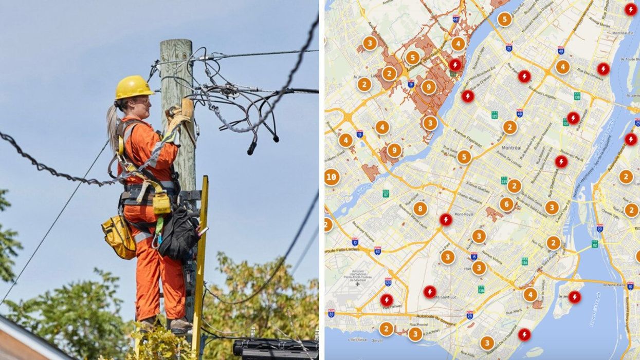 Une monteuse de ligne d'Hydro-Québec. Droite : La carte d'info-pannes d'Hydro-Québec.
