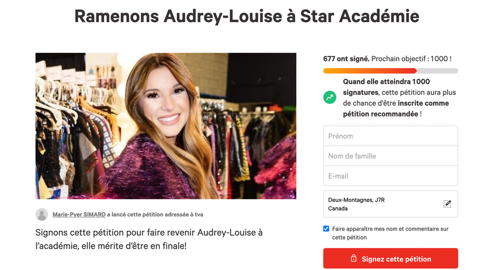 Une p\u00e9tition visant \u00e0 ramener Audrey-Louise \u00e0 l'acad\u00e9mie.