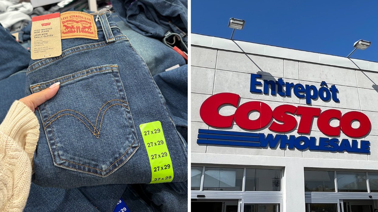 Une paire de jeans Levi's à vendre au Costco. Droite : La façade d'un entrepôt Costco.