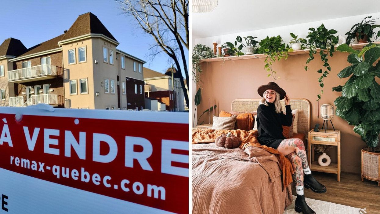 Une pancarte À vendre devant un immeuble à logements. Droite : une personne prend la pose assise sur son lit dans une chambre colorée.