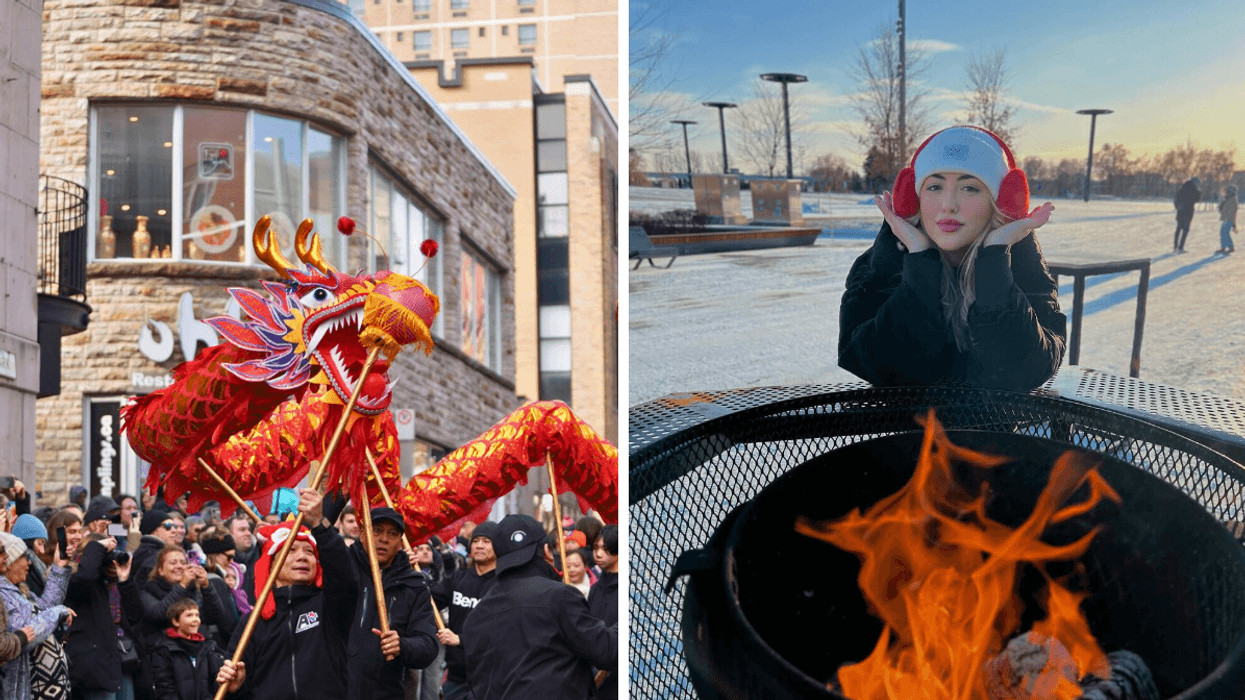 Une parade avec un dragon. Droite : Une personne devant un feu.