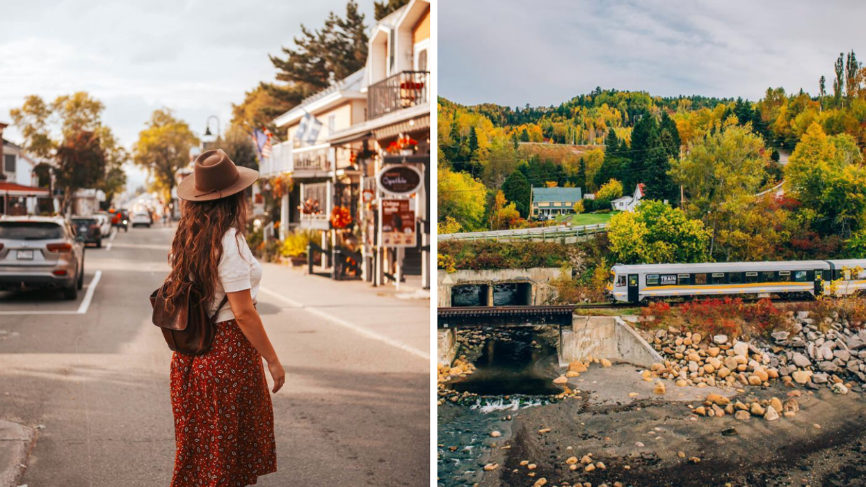 Une personne à Baie-Saint-Paul. Droite : Le train de Charlevoix.