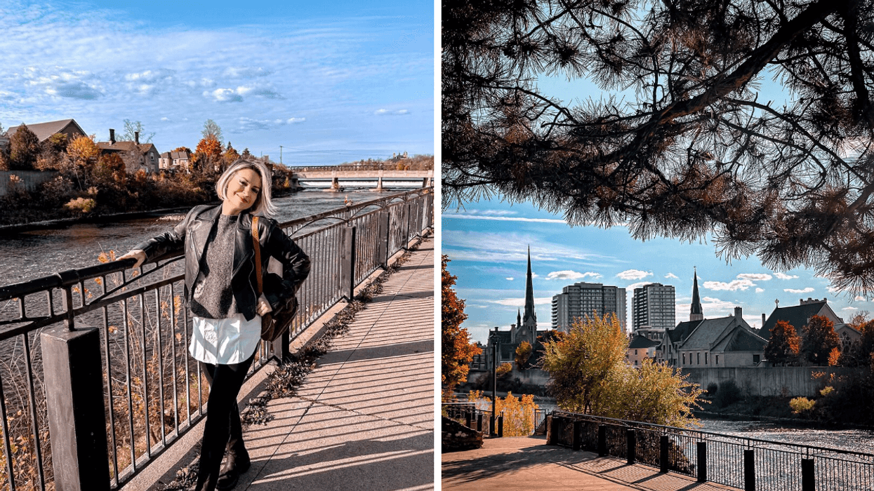 Une personne à Cambridge en Ontario. Droite : Cambridge en Ontario.