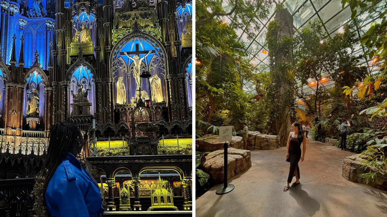 Une personne à la basilique NNotre-Dame de Montréal. Droite : Une personne au Biodôme.