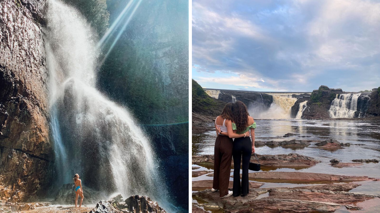 Une personne à la chute à Philomène. Droite : Deux personnes face aux chutes de la Chaudière.