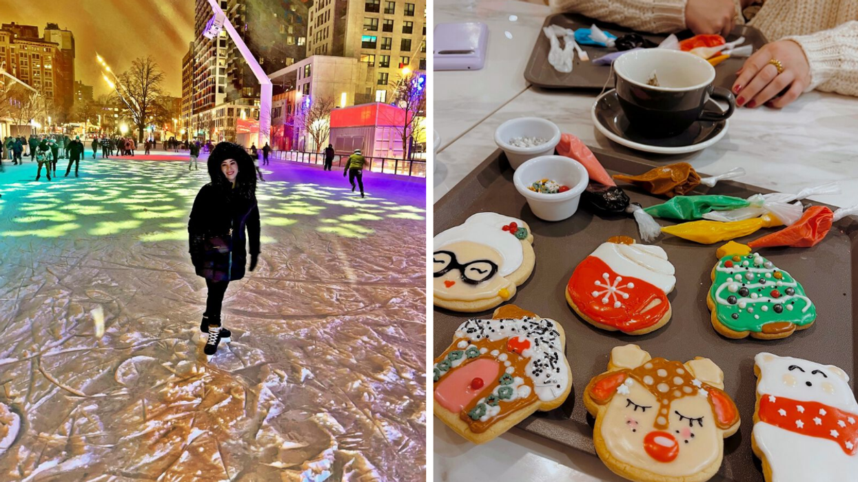 Une personne à la patinoire de l'Esplanade Tranquille. Droite : Des biscuits de Noël.
