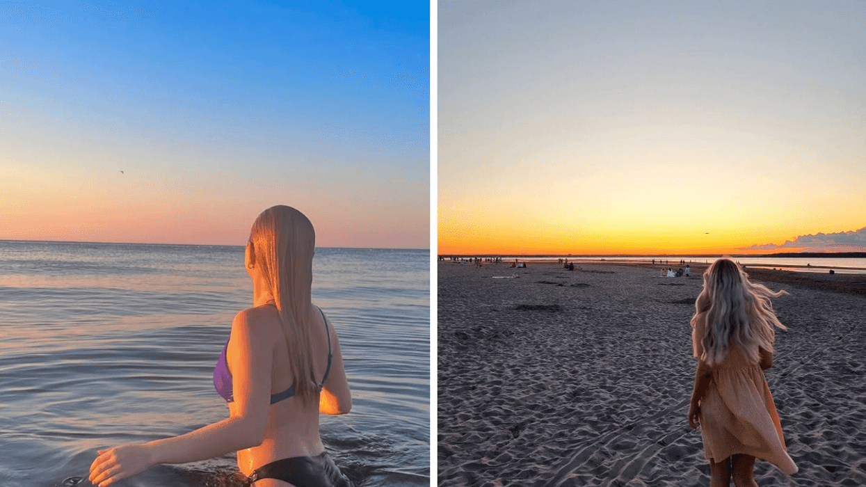 Une personne à la plage Aboiteau. Droite : Une personne dans le sable de la plage Parlee.