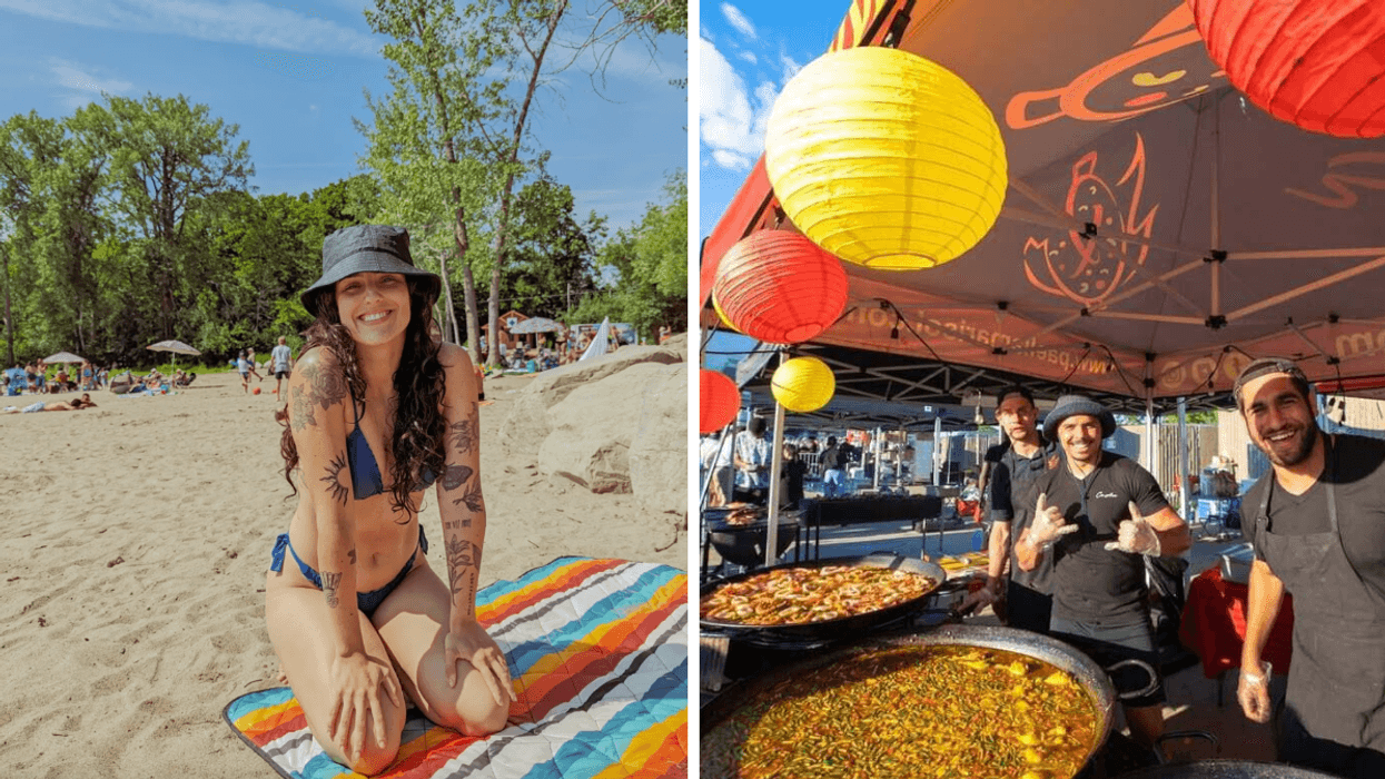 Une personne à la plage. Droite : Un kiosque de paella dans un festival de bouffe de rue.