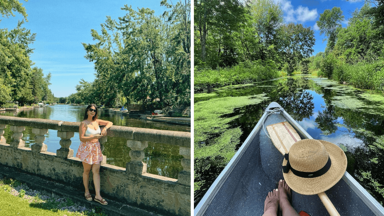 Une personne à Lagoon City. Droite : Une personne en canot sur le canal de Lagoon City.