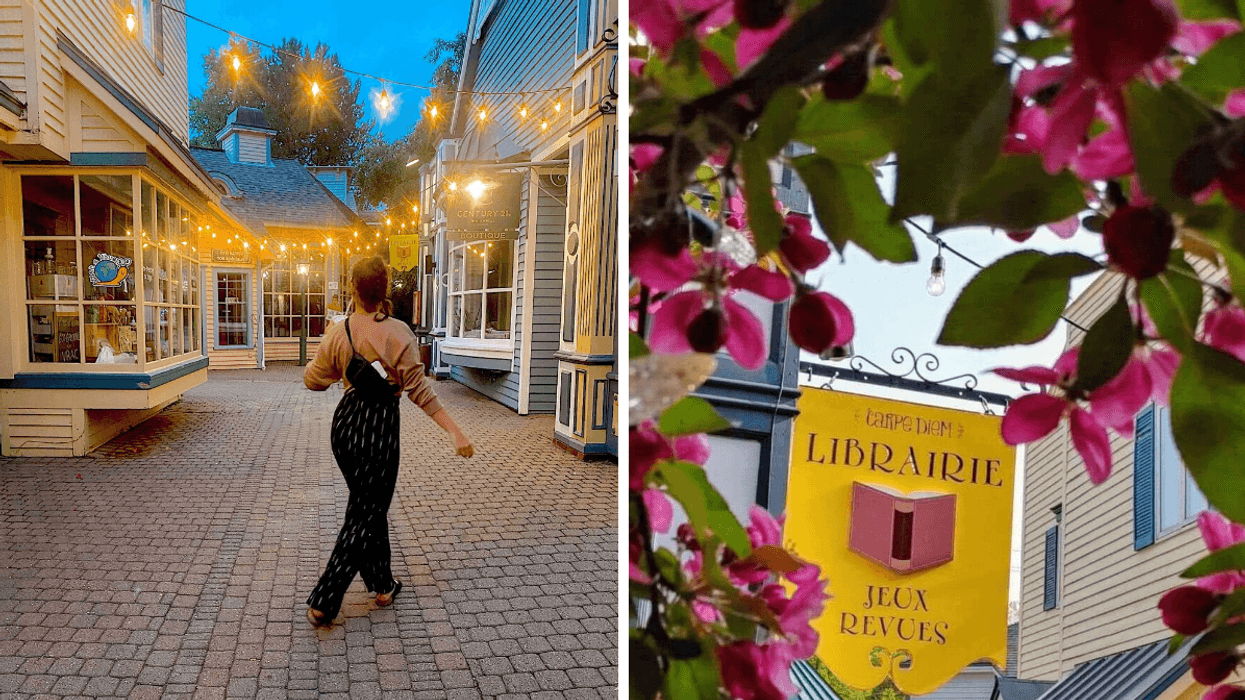 Une personne à Saint-Jovite. Droite : La pancarte d'une librairie.