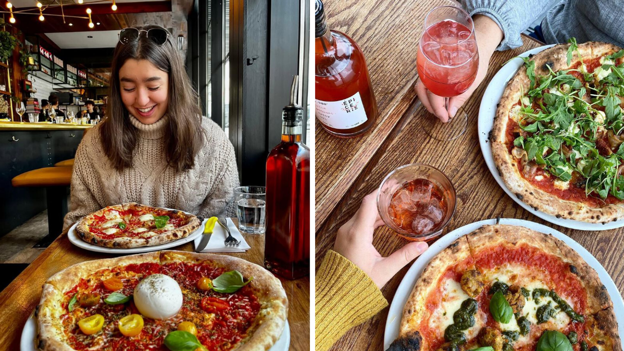 Une personne à table devant des pizzas au NO.900 pizza. Droite : Des pizzas du NO.900.