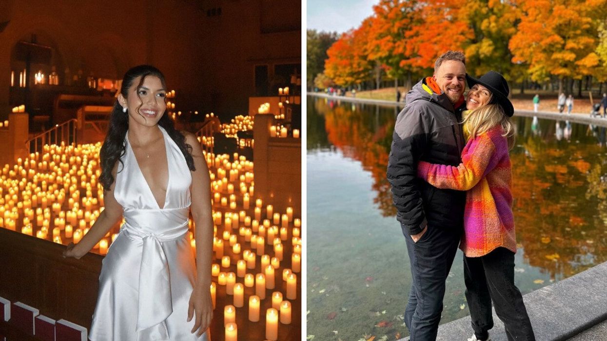 Une personne à un concert Candlelight à Montréal. Droite : Un couple au parc du Mont Royal.
