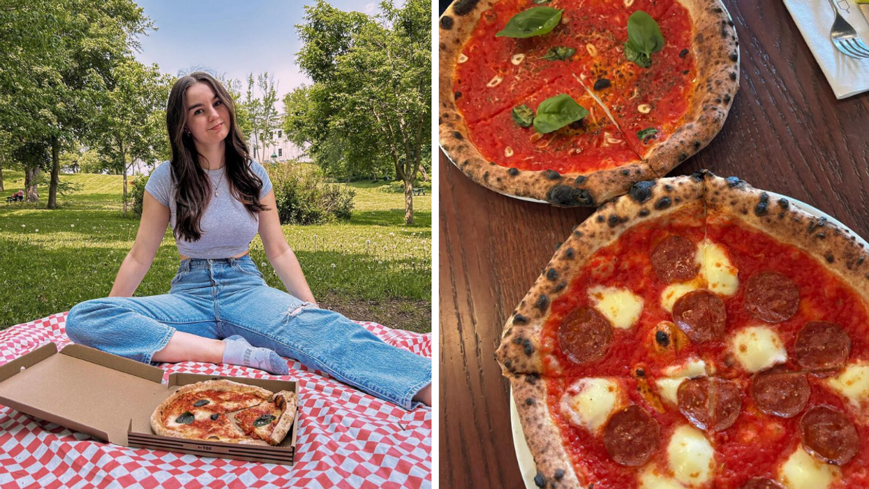 Une personne à un pique-nique avec une pizza NO.900. Droite : Deux pizzas du NO.900.