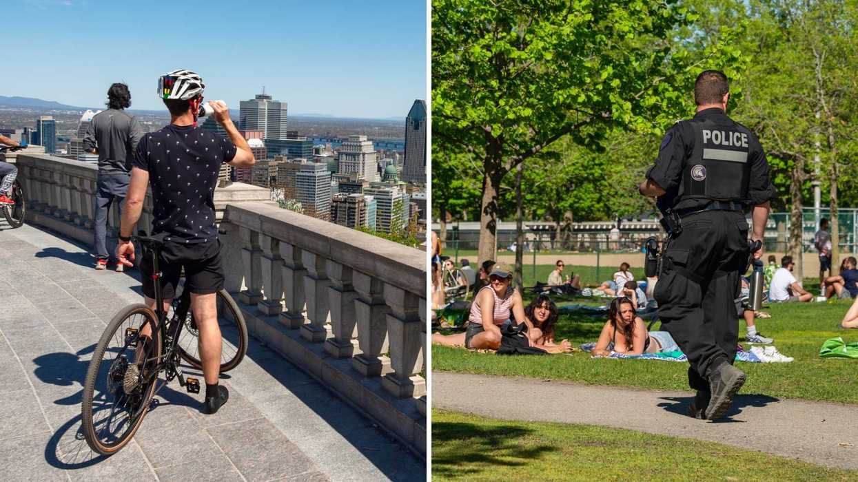 Une personne à vélo. Droite : un policier dans un parc.