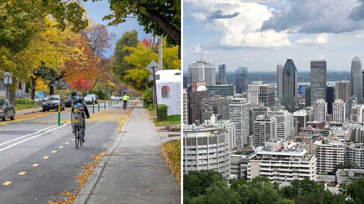 Une personne à vélo. Droite : vue sur le centre-ville de Montréal.
