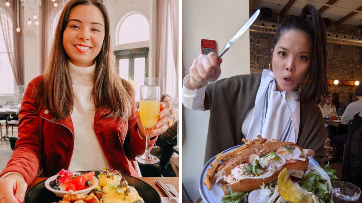 Une personne assise devant une assiette à la Brasserie 701. Droite : Un sandwich dans l'assiette de quelqu'un chez Pincette