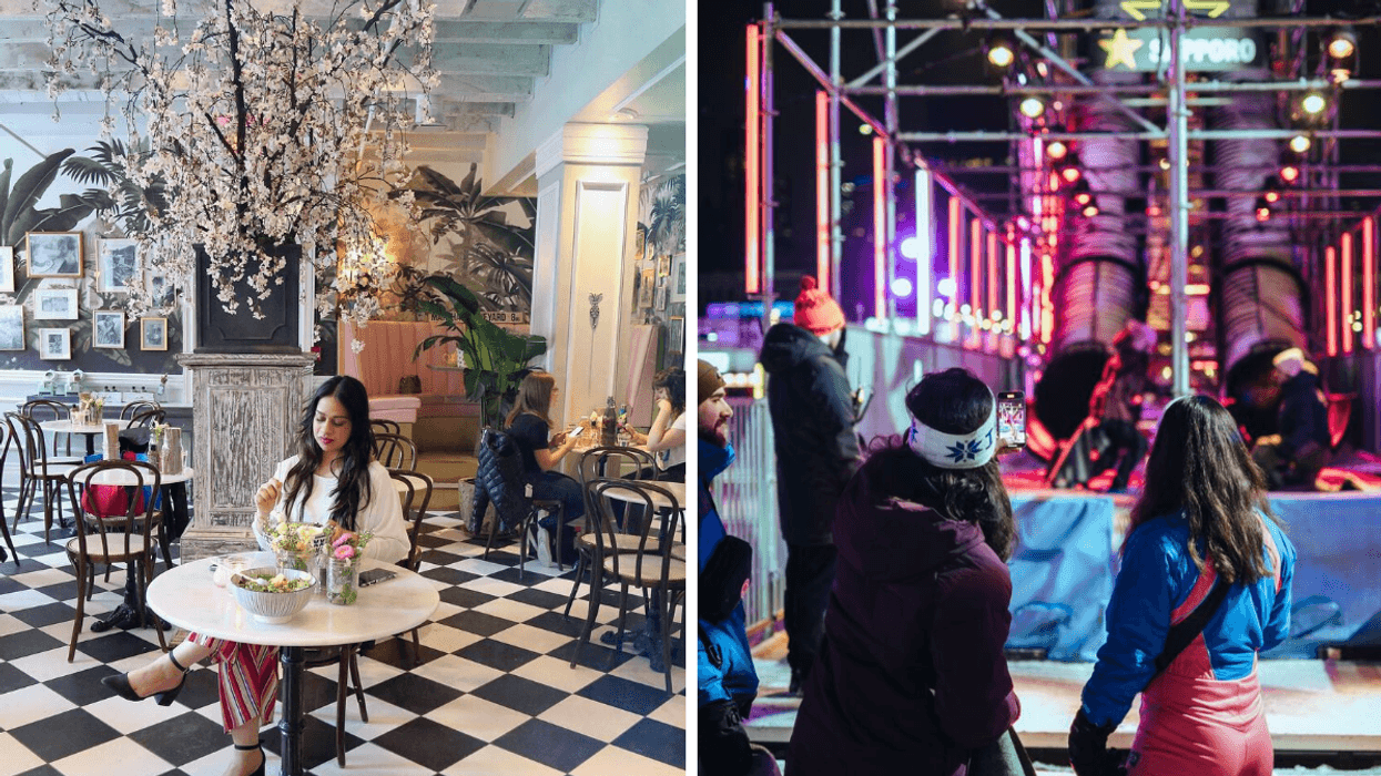 Une personne au bar à salade Mandy's. Droite : La glissade du Igloofest.