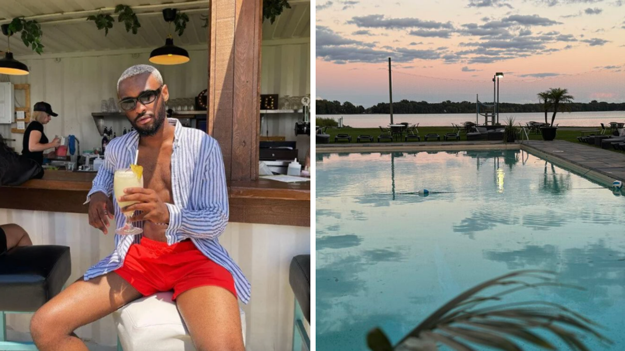 Une personne au bar de la Marina St-Tropez. Droite : La piscine au bord de l'eau de la Marina St-Tropez.