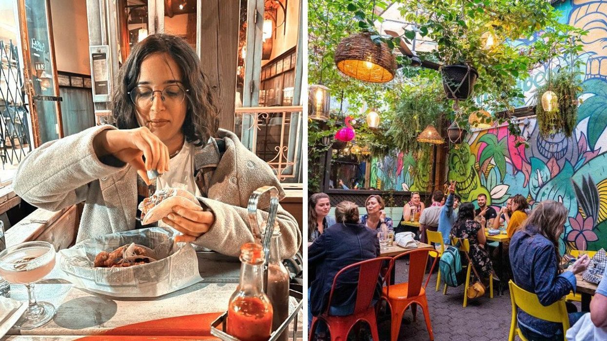 Une personne au Barraca Rhumerie Tapas. Droite : La clientèle sur la terrasse du Barraca Rhumerie Tapas.