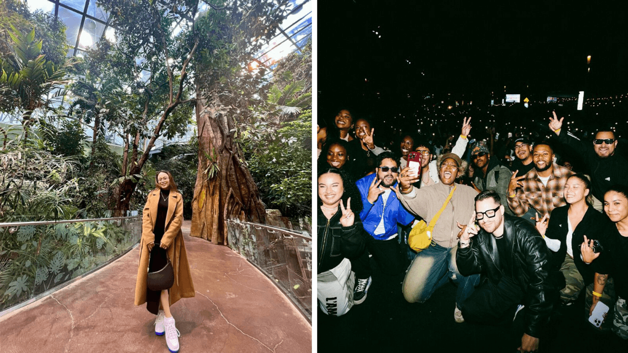 Une personne au Biodôme de Montréal. Droite : Un groupe festif.