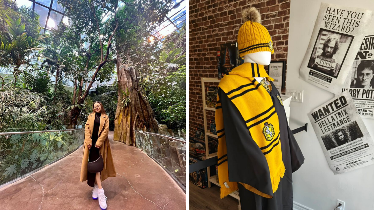 Une personne au Biodôme de Montréal. Droite : Un mannequin de la Boutique des 3 Sorciers à Montréal.