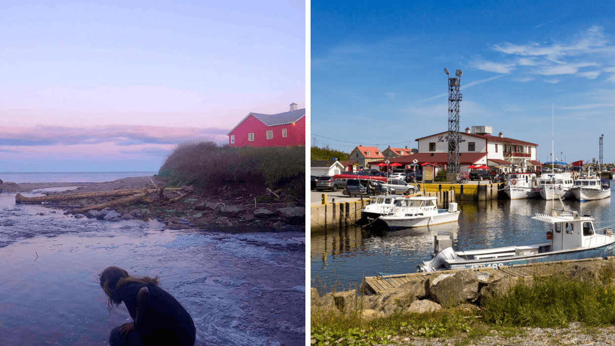 Une personne au bord de l'eau. Droite : Une vielle usine dans un port au Québec.