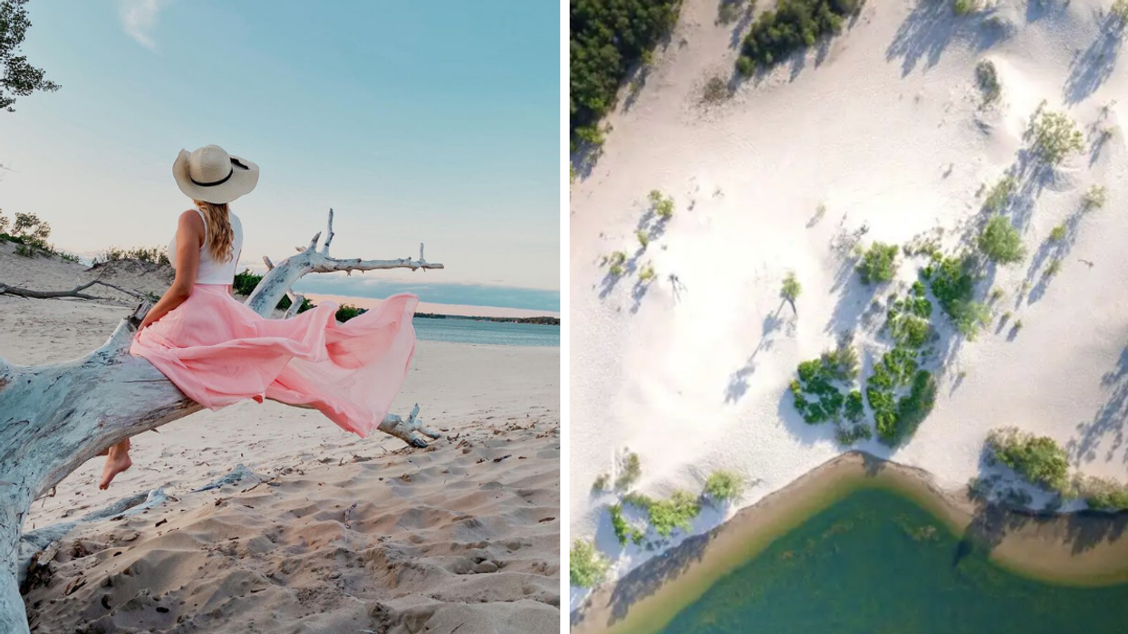Une personne au bord de la plage. Droite : Une plage en Ontario.