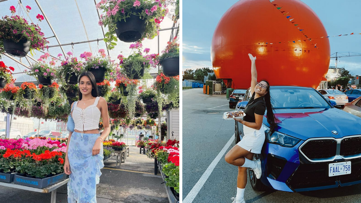 Une personne au Centre Jardin Atwater. Droite : Une personne devant l'Orange Julep.