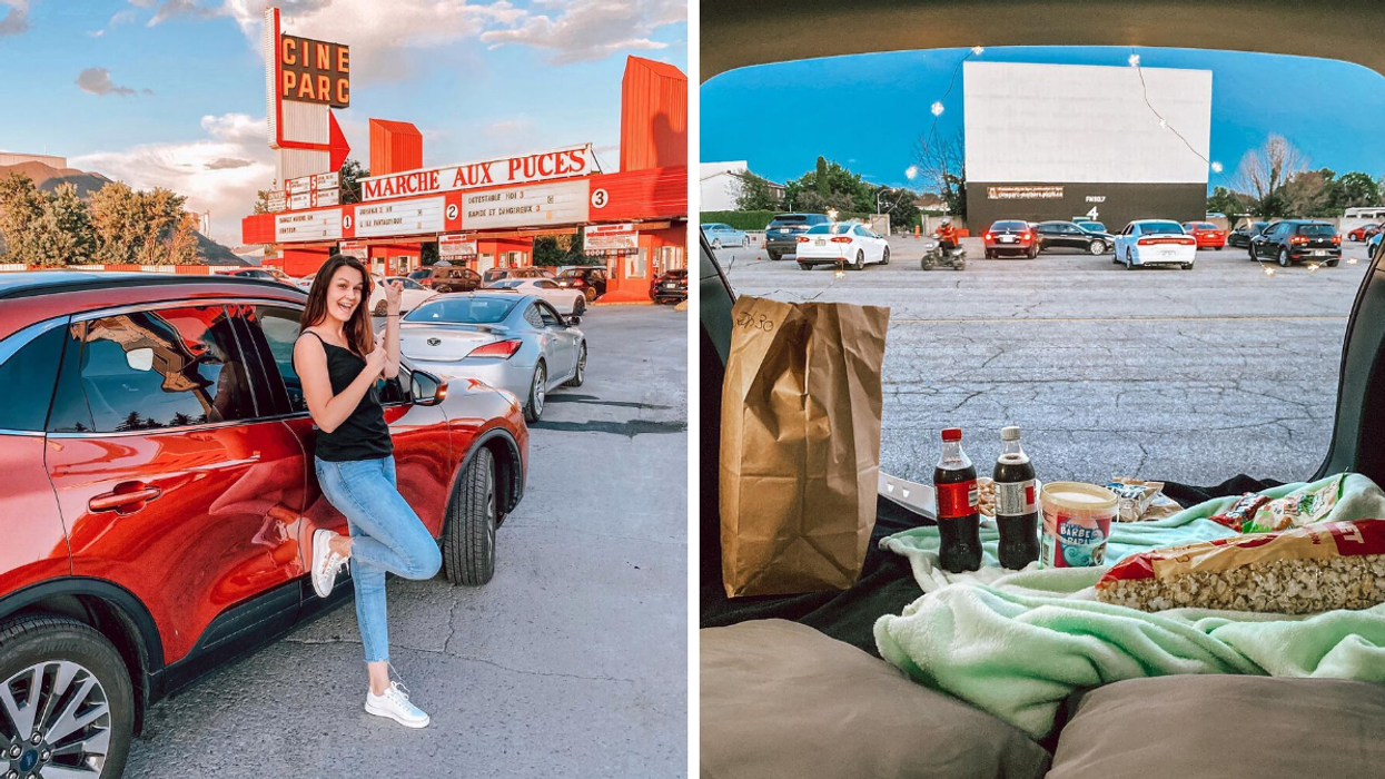 Une personne au ciné-parc. Droite : Un écran géant au ciné-parc.