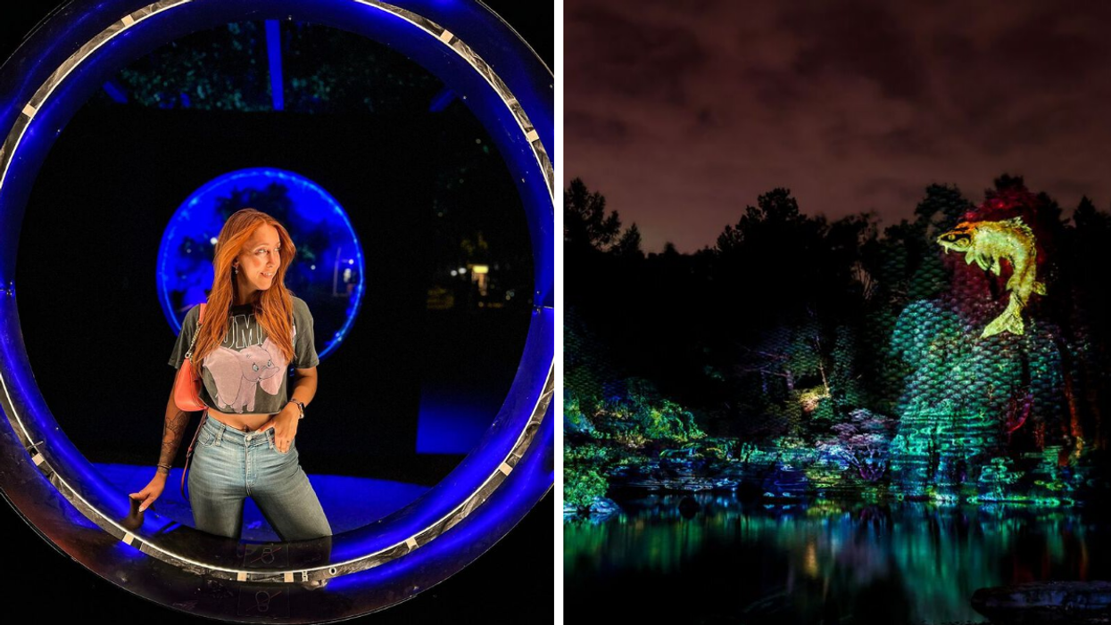Une personne au Jardins de Lumière. Droite : Le Jardin japonais.